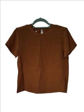 100% Silk Short-Sleeve Round Neck Blouse in Rust Brown Quiet Luxury Size 4